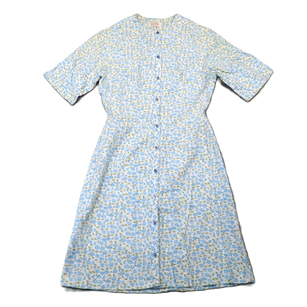 Lady Birds Floral Shirt Dress XS Blue Button Front Vintage Cottage Prairie 1950s